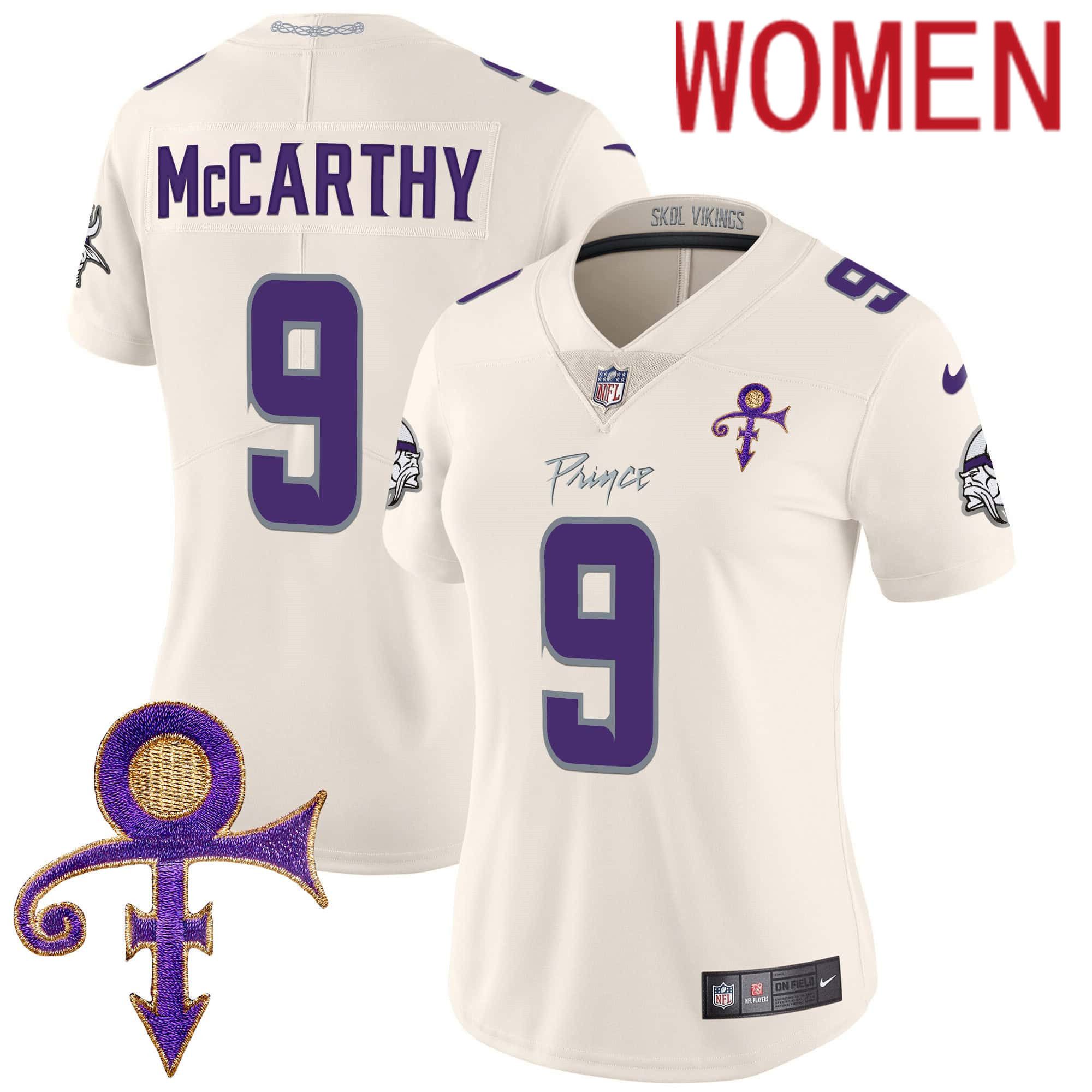 Women Minnesota Vikings 9 Mccarthy Cream 2024 Nike Prince Vapor Limited NFL Jersey